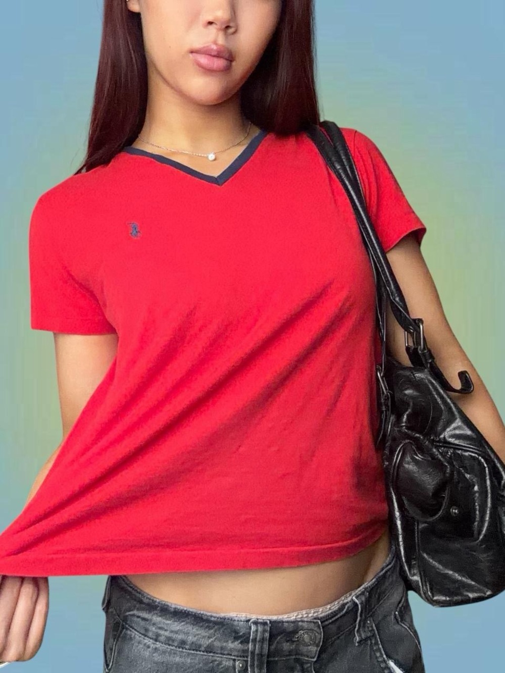 Polo by Ralph Lauren Red V-Neck Short Sleeve Tee with Navy Trim